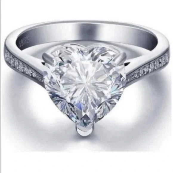 4 Carat Diamond Sterling Silver Heart Solitaire Ring Size 5 - Picture 5 of 7